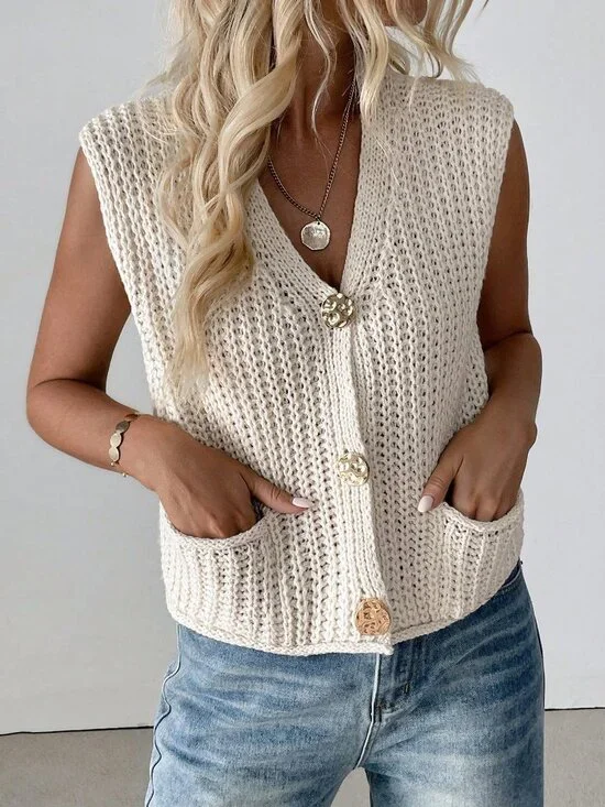 Apricot Casual Women's V-Neck Ribbed Knitted Cardigan Sweater Vest - Picture 4 of 7